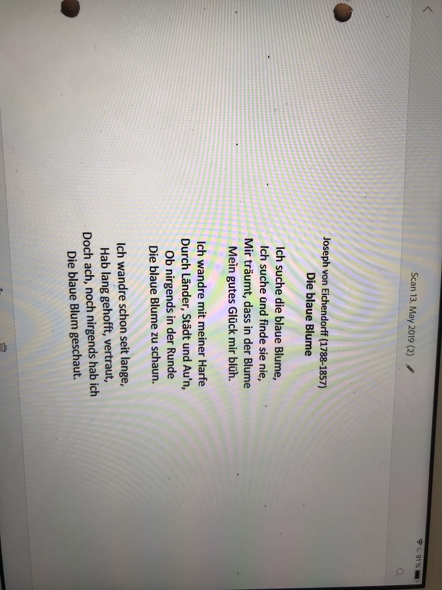 Was ist das Reimschema bei dem Gedicht „die blaue Blume“ von Joseph von