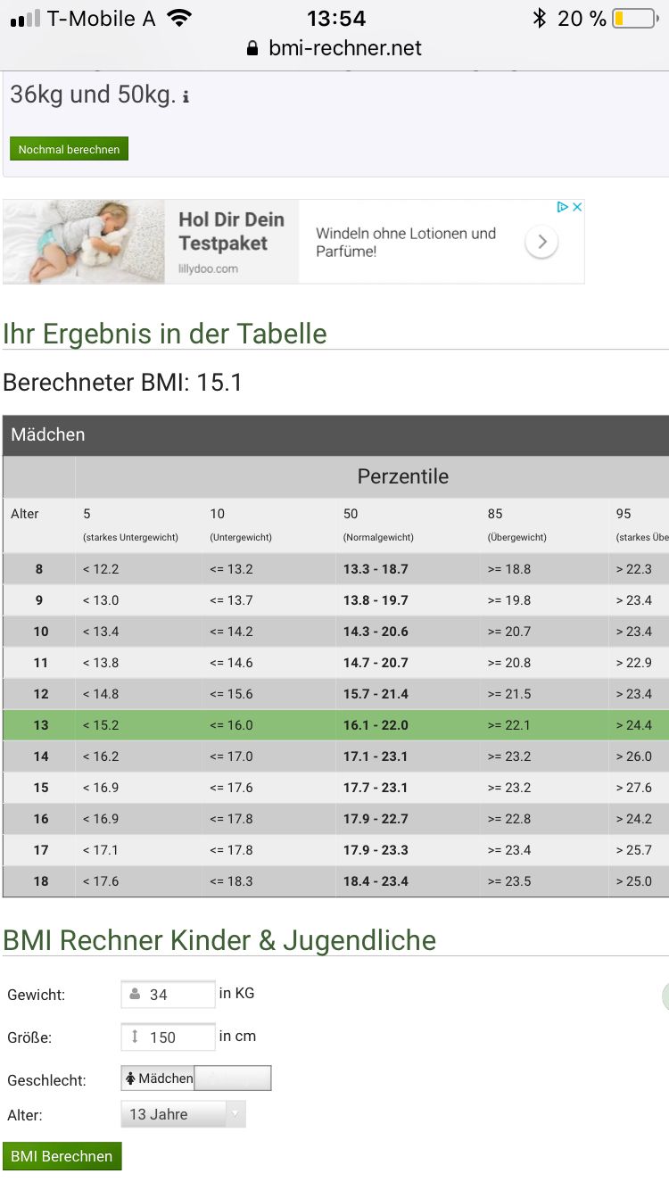 Sind 34 Kg Untergewichtig Wenn Man 13 Jahre Ist Und 150cm Gross Ist